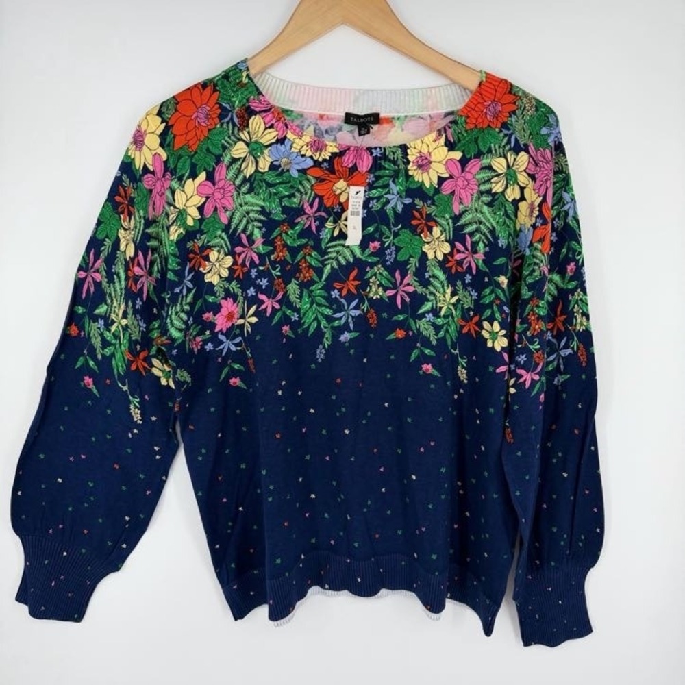 NEW Talbots Puff Sleeve Sweater XL Blissful Floral Blue Cotton Crew Neck Cottage